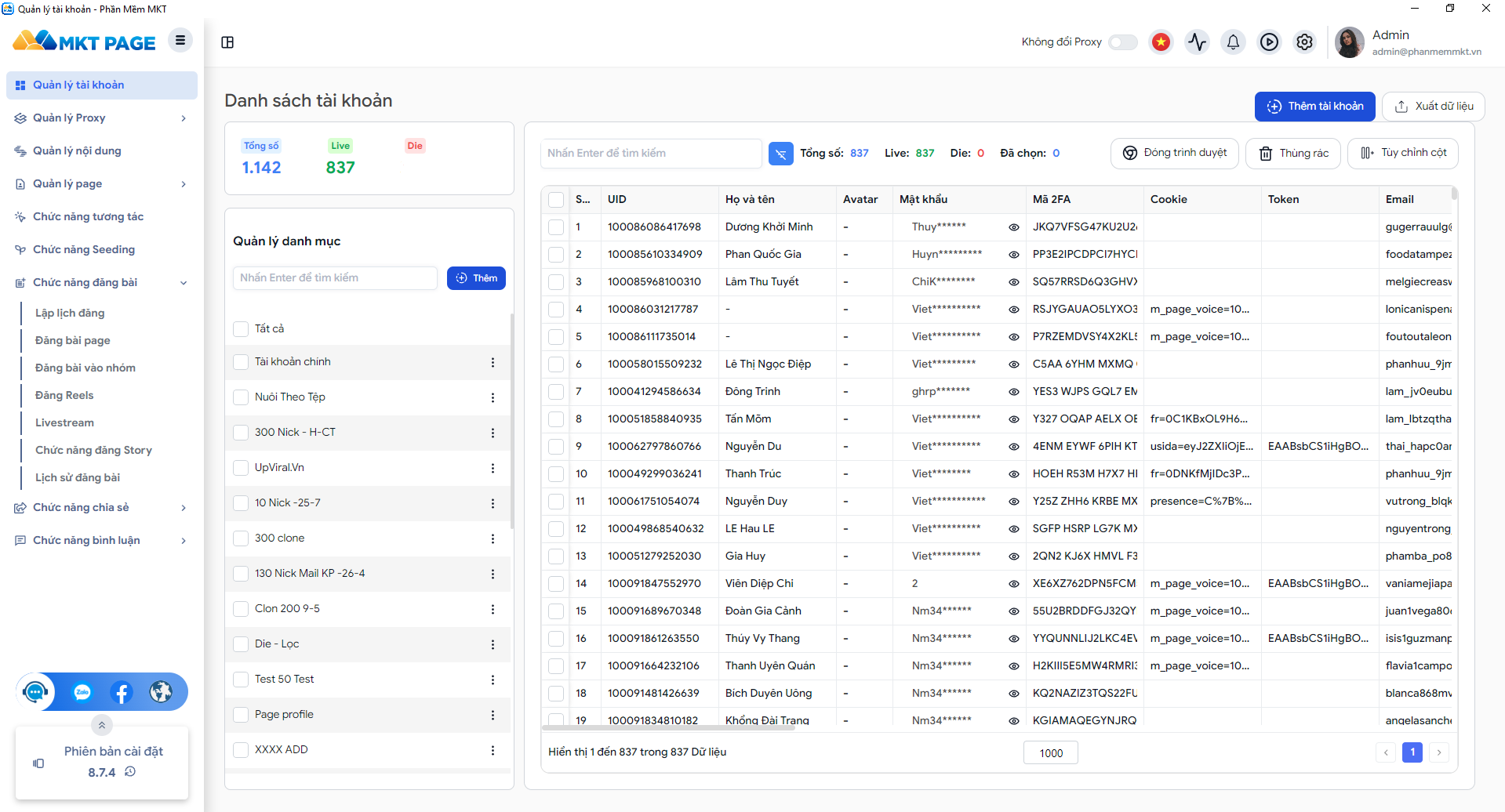 Dashboard quản lý tài khoản và Fanpage của phần mềm MKT Page